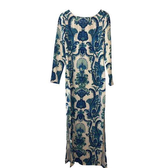 Cara Cara Aria Peacock Blue Print Long Sleeve Maxi Dress Size L - Picture 3 of 11